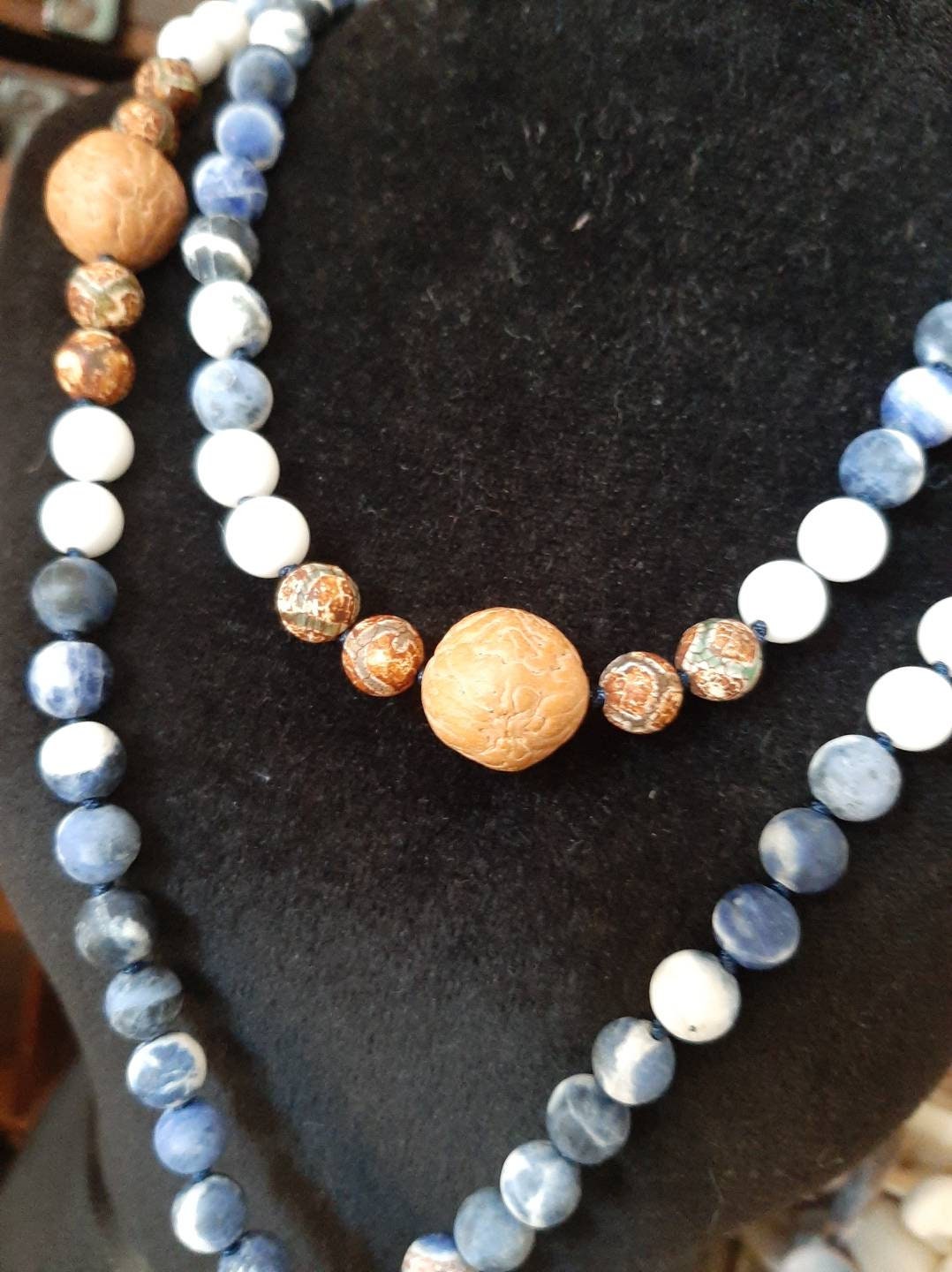 Hand carved Bone Mermaid hand knotted Mala Sodalite White Jade Bodhi Seed Dragon Agate Blue Silk Tassel