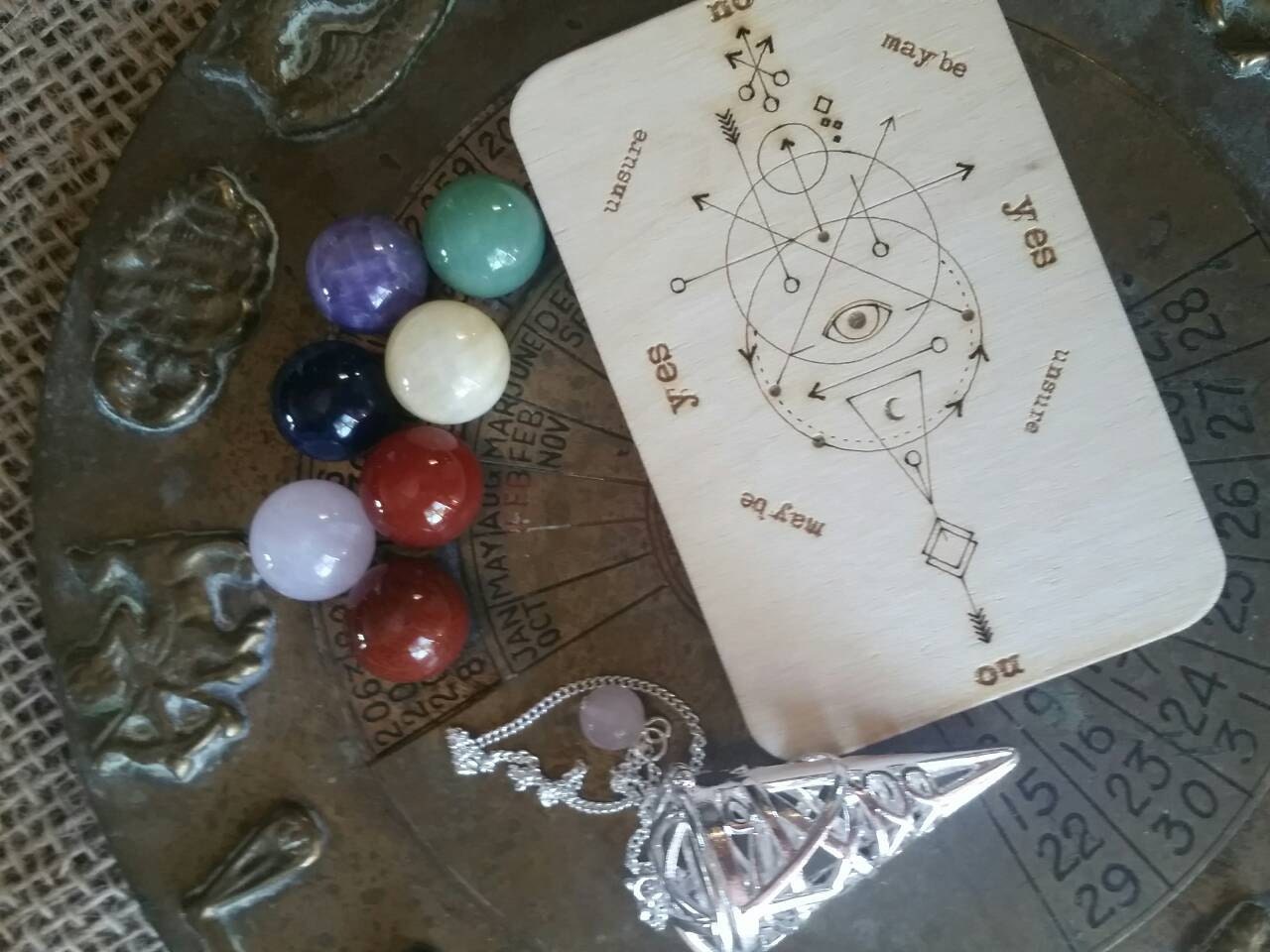 Chambered Pendulum Set with 7 stone/crystal spheres, Pentacle Pendulum and Pendulum Grid