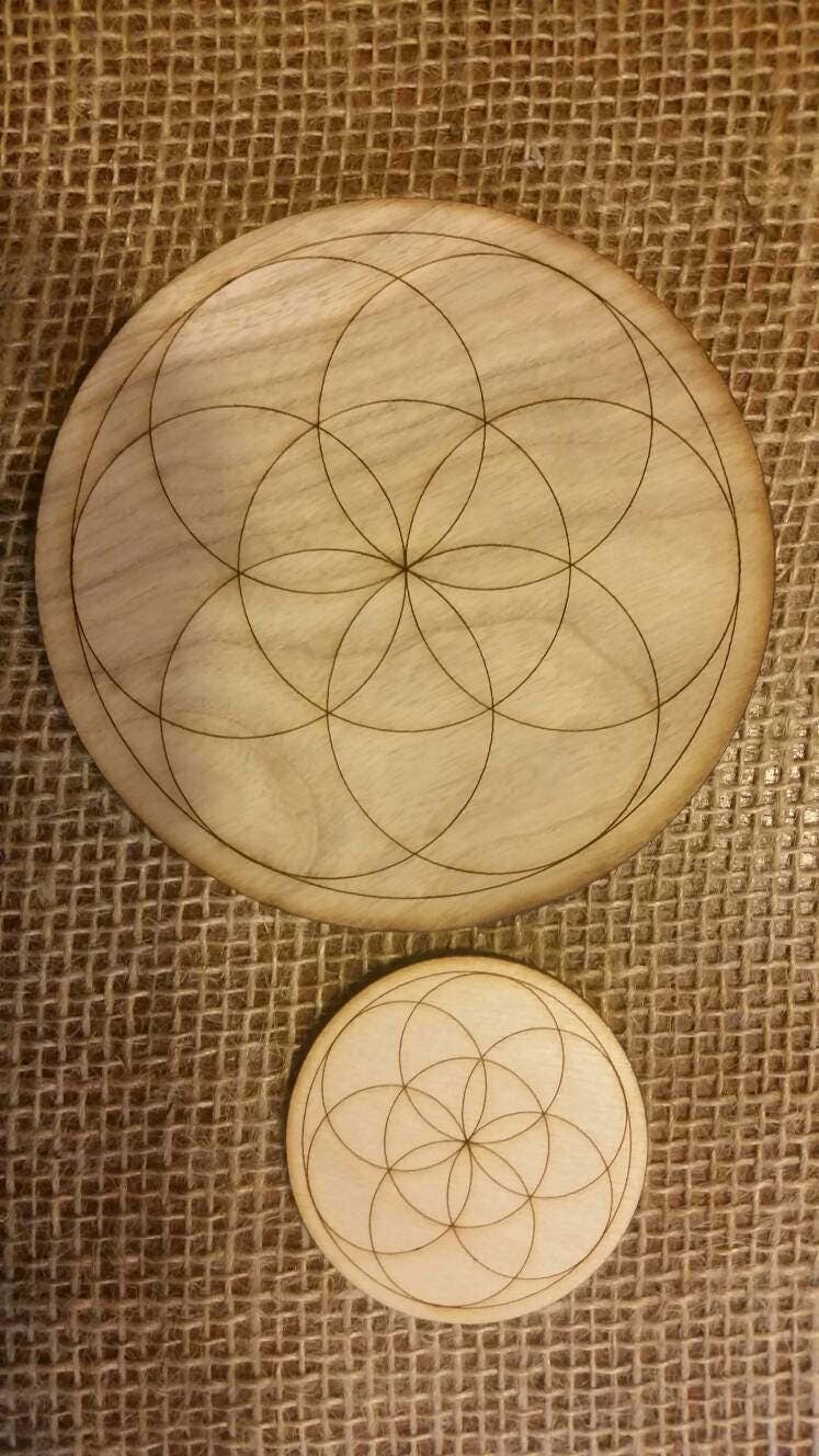 Seed of Life Grid - Laser etched wood ... Etched Crystal Meditation Sacred Geometry Fibonacci