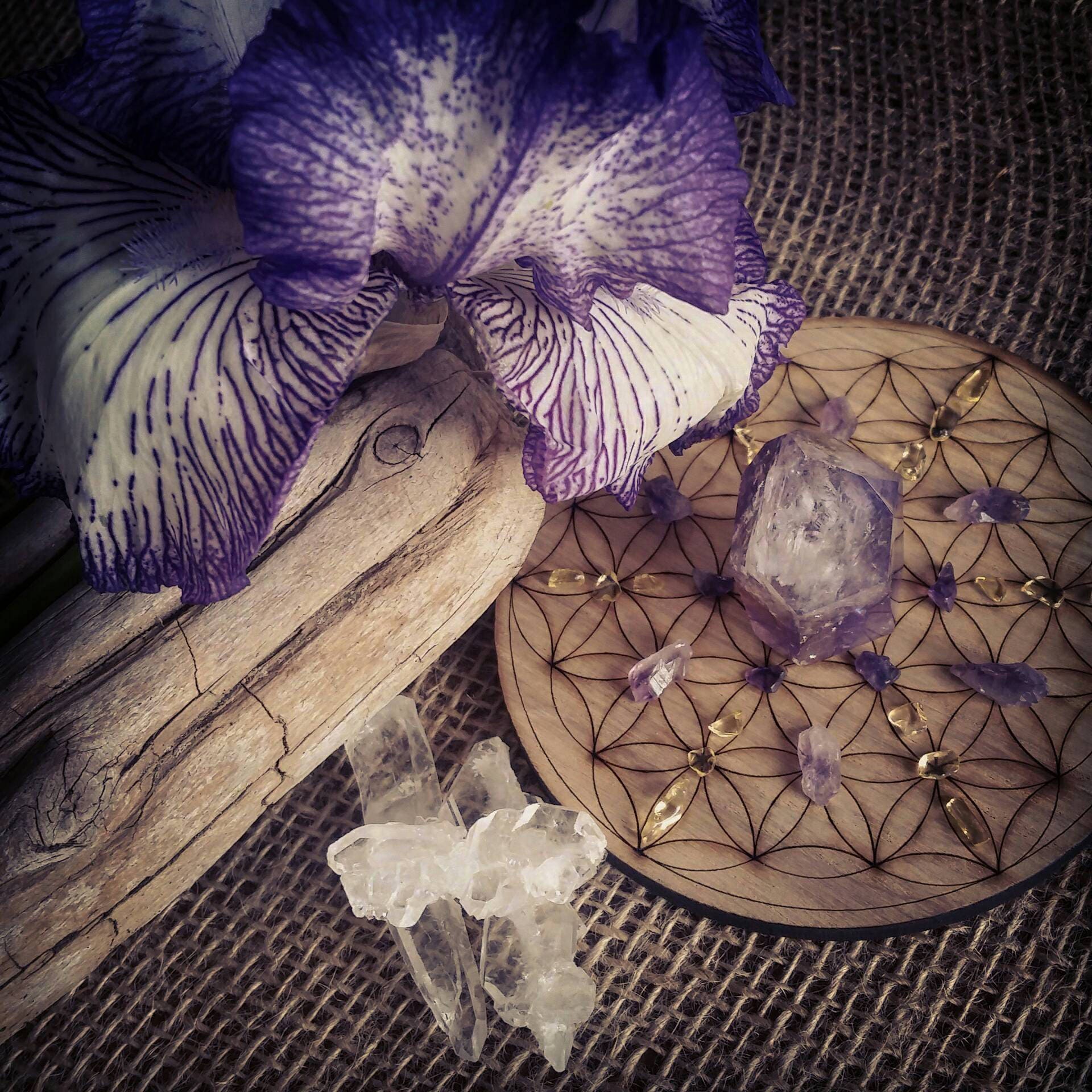 Flower of Life Grid - Laser etched wood ... Etched Crystal Meditation Sacred Geometry Fibonacci