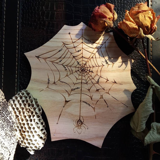 Spider web wood grid spider magic spirit giude laser cut etched crystal grid