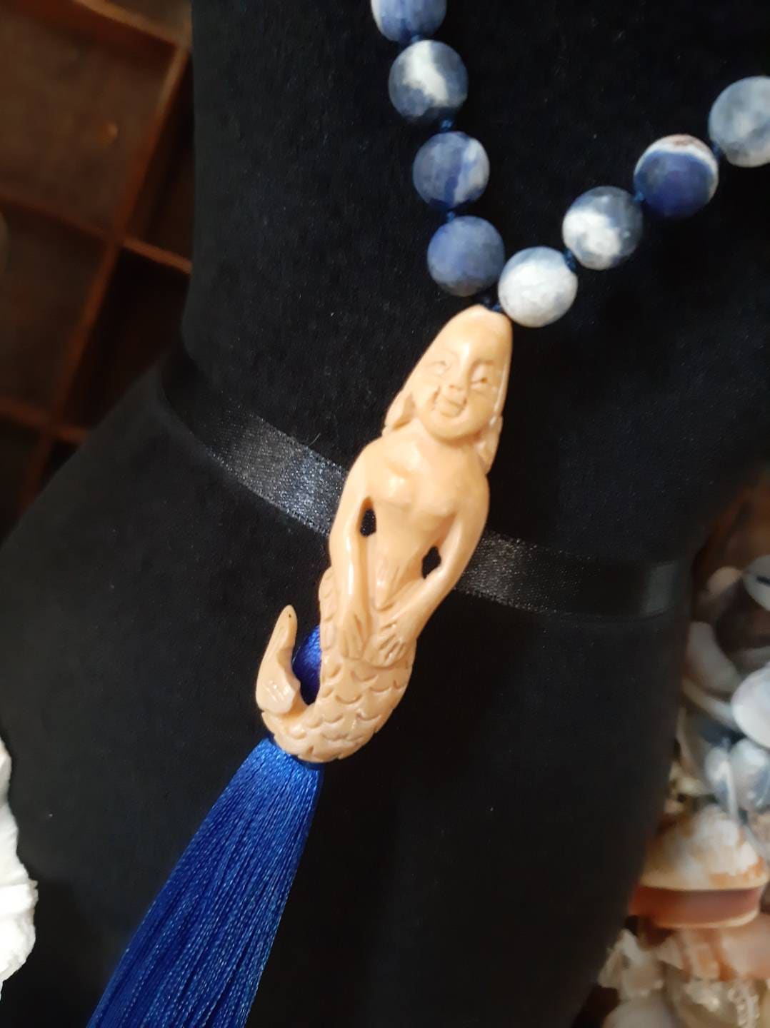 Hand carved Bone Mermaid hand knotted Mala Sodalite White Jade Bodhi Seed Dragon Agate Blue Silk Tassel