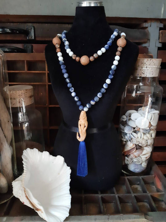 Hand carved Bone Mermaid hand knotted Mala Sodalite White Jade Bodhi Seed Dragon Agate Blue Silk Tassel