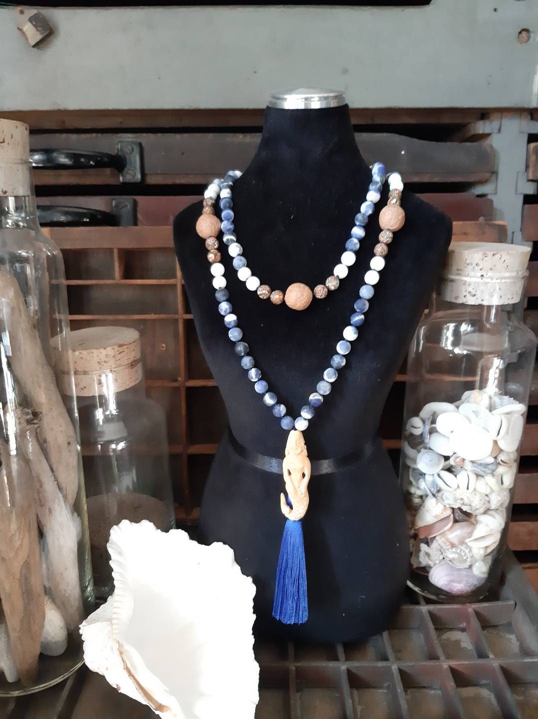Hand carved Bone Mermaid hand knotted Mala Sodalite White Jade Bodhi Seed Dragon Agate Blue Silk Tassel