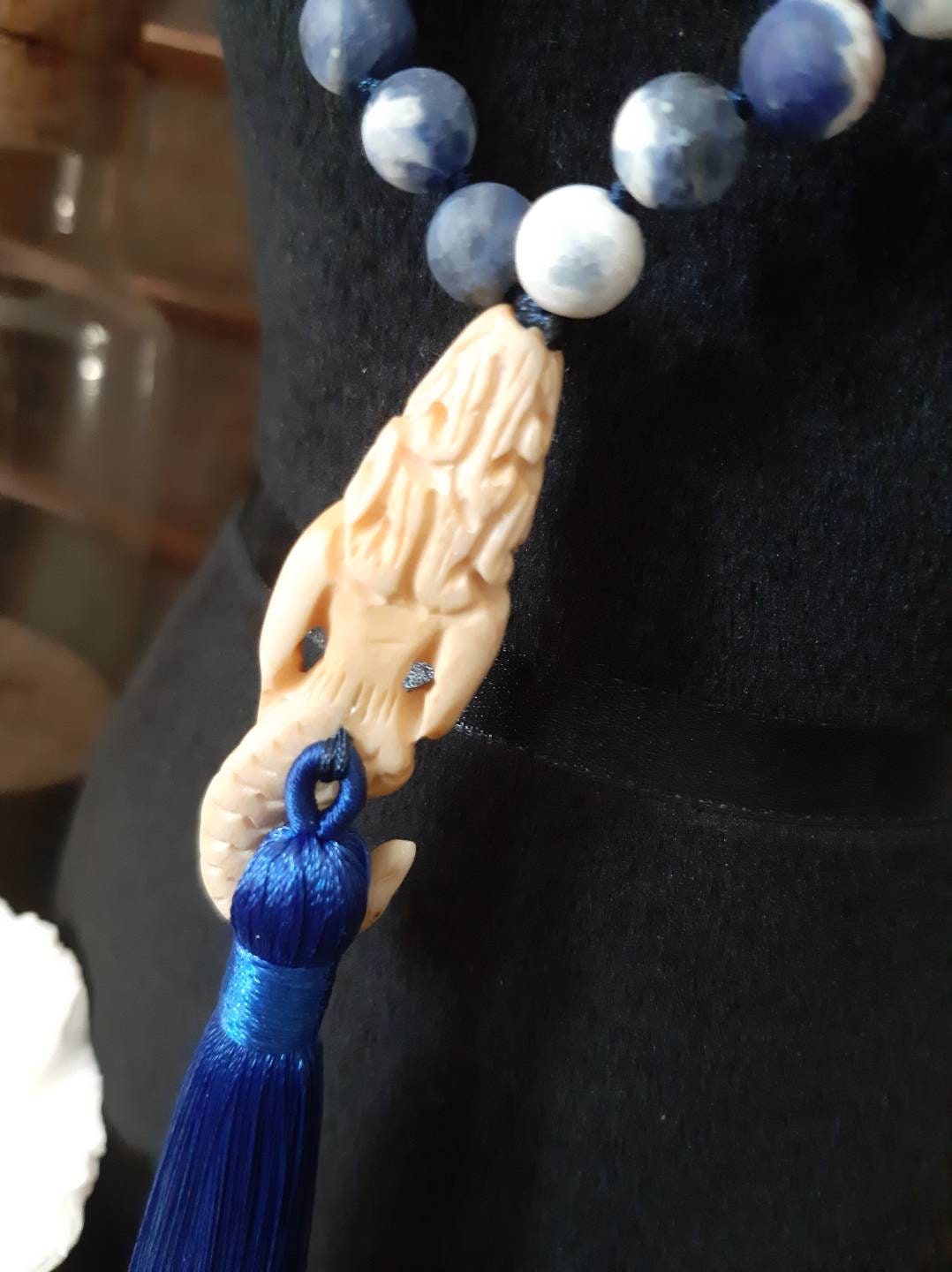 Hand carved Bone Mermaid hand knotted Mala Sodalite White Jade Bodhi Seed Dragon Agate Blue Silk Tassel