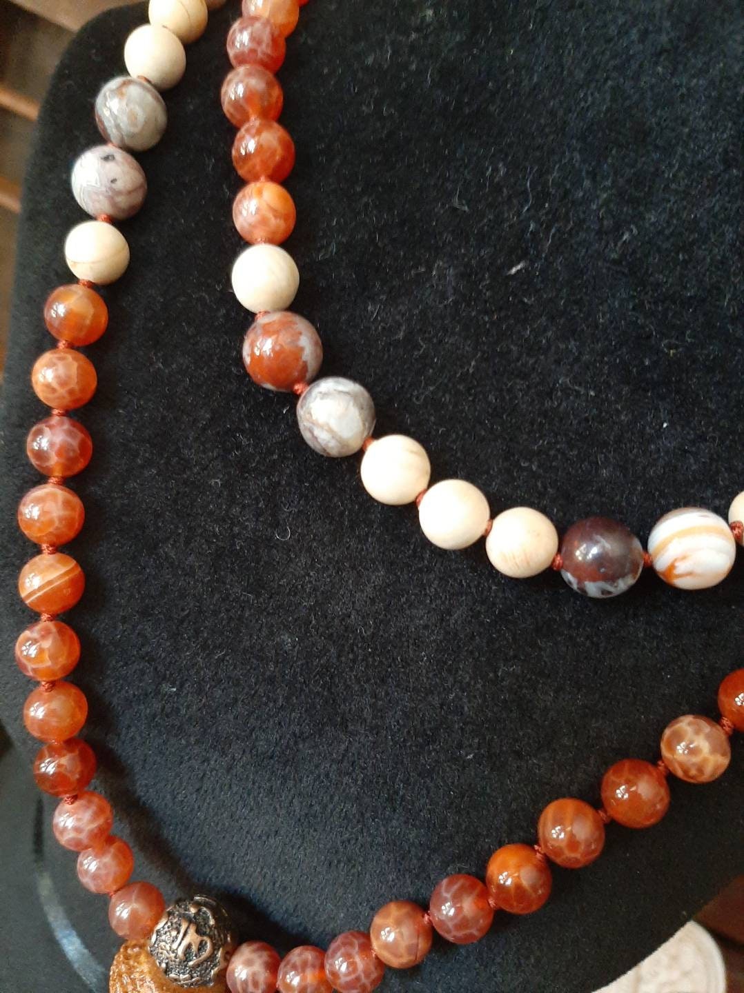 Wooden Buddha head 108 bead Mala Fire Agate Crazy Lace Agate Sandalwood Copper Silk Tassel