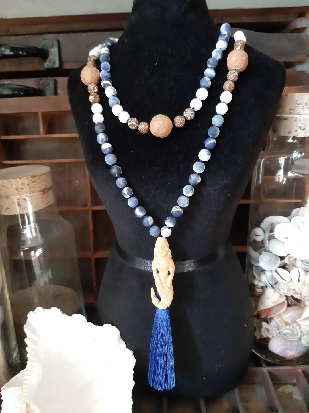 Hand carved Bone Mermaid hand knotted Mala Sodalite White Jade Bodhi Seed Dragon Agate Blue Silk Tassel