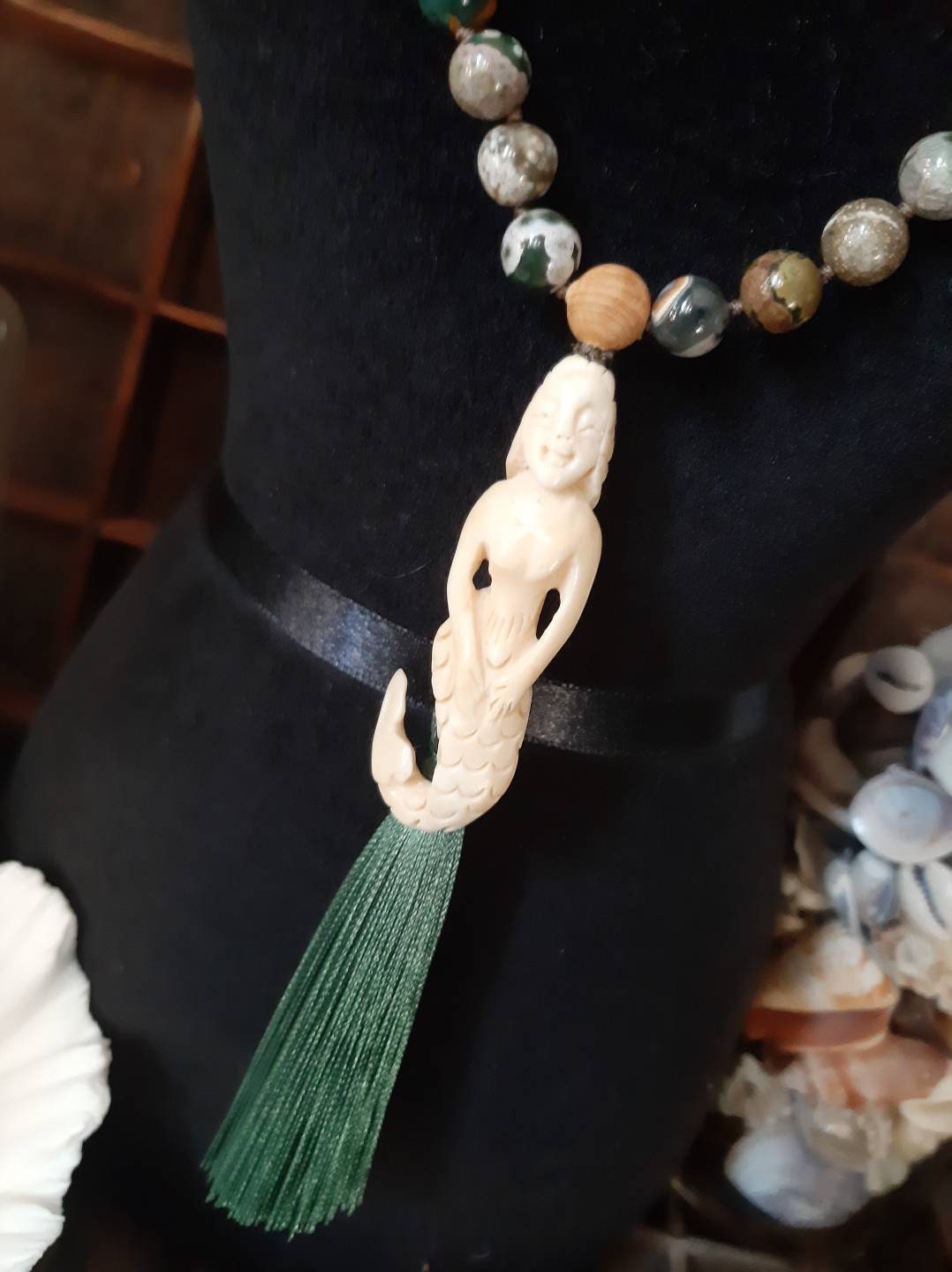 Hand carved Bone Mermaid Mala Rudraksha Seed Ocean Jasper Band Agate Sandalwood Green Silk Tassel