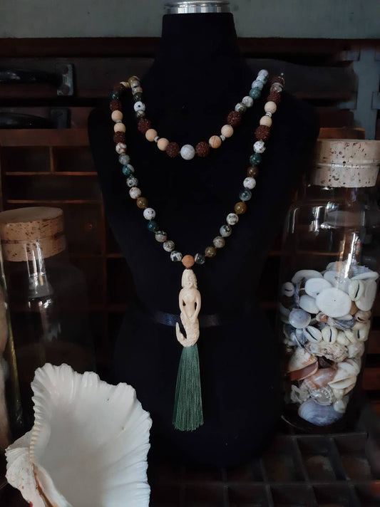 Hand carved Bone Mermaid Mala Rudraksha Seed Ocean Jasper Band Agate Sandalwood Green Silk Tassel