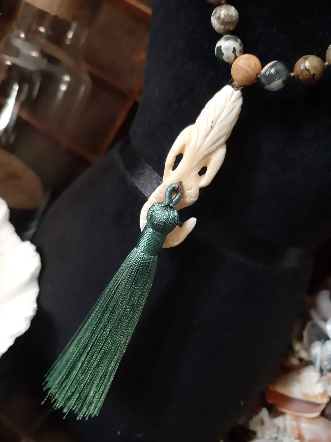 Hand carved Bone Mermaid Mala Rudraksha Seed Ocean Jasper Band Agate Sandalwood Green Silk Tassel