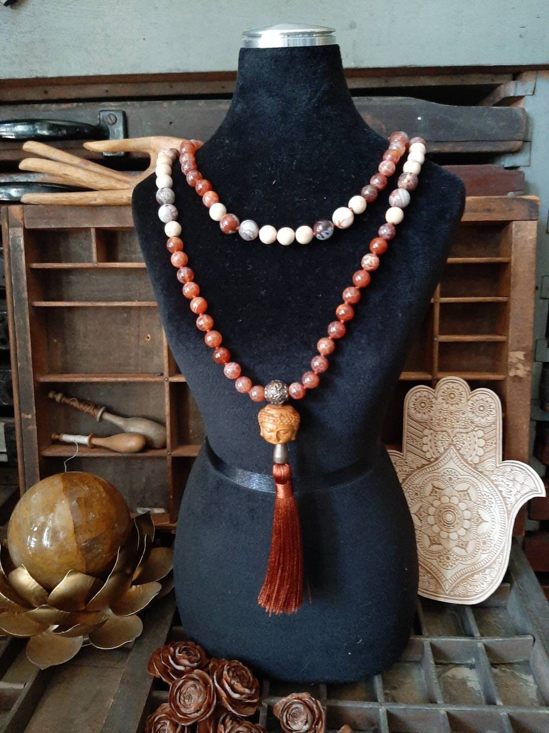 Wooden Buddha head 108 bead Mala Fire Agate Crazy Lace Agate Sandalwood Copper Silk Tassel