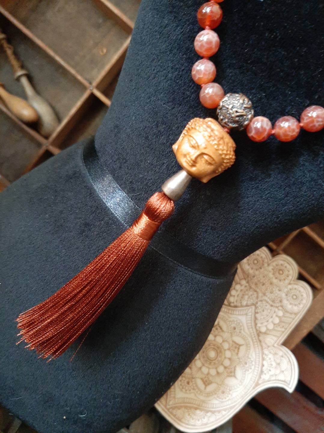 Wooden Buddha head 108 bead Mala Fire Agate Crazy Lace Agate Sandalwood Copper Silk Tassel
