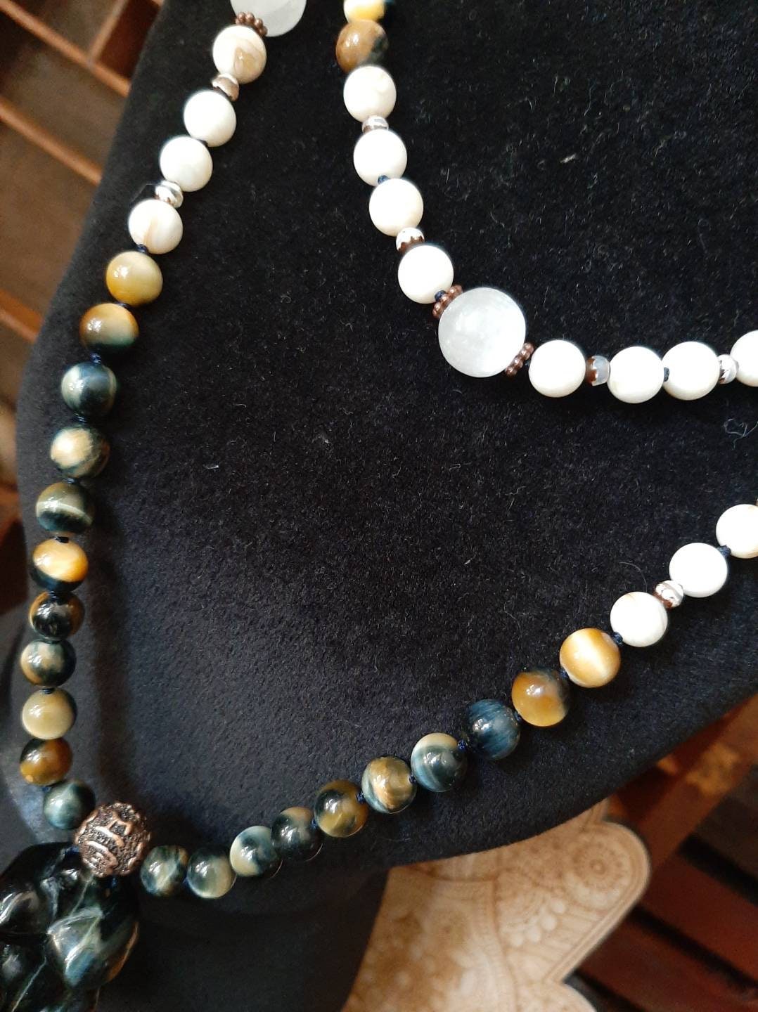 Blue Tigers Eye Goddess Mala blue yellow tigers eye shell selenite copper band Agate