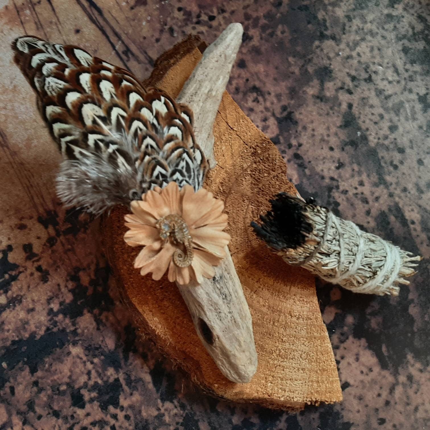 Pheasant Feather Smudge Fan Cerimonial Seahorse Driftwood