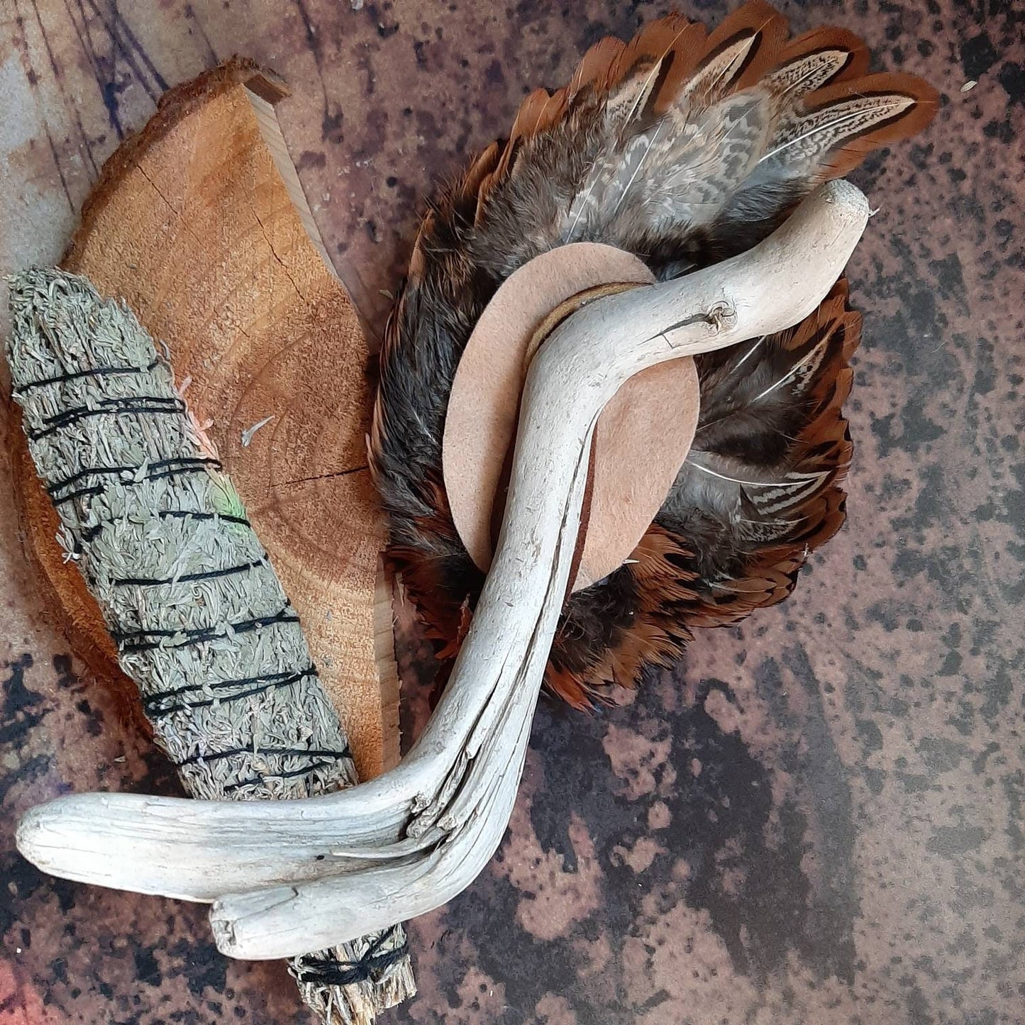 Iridescent Pheasant Feather Wing Pelt Smudge Fan Driftwood