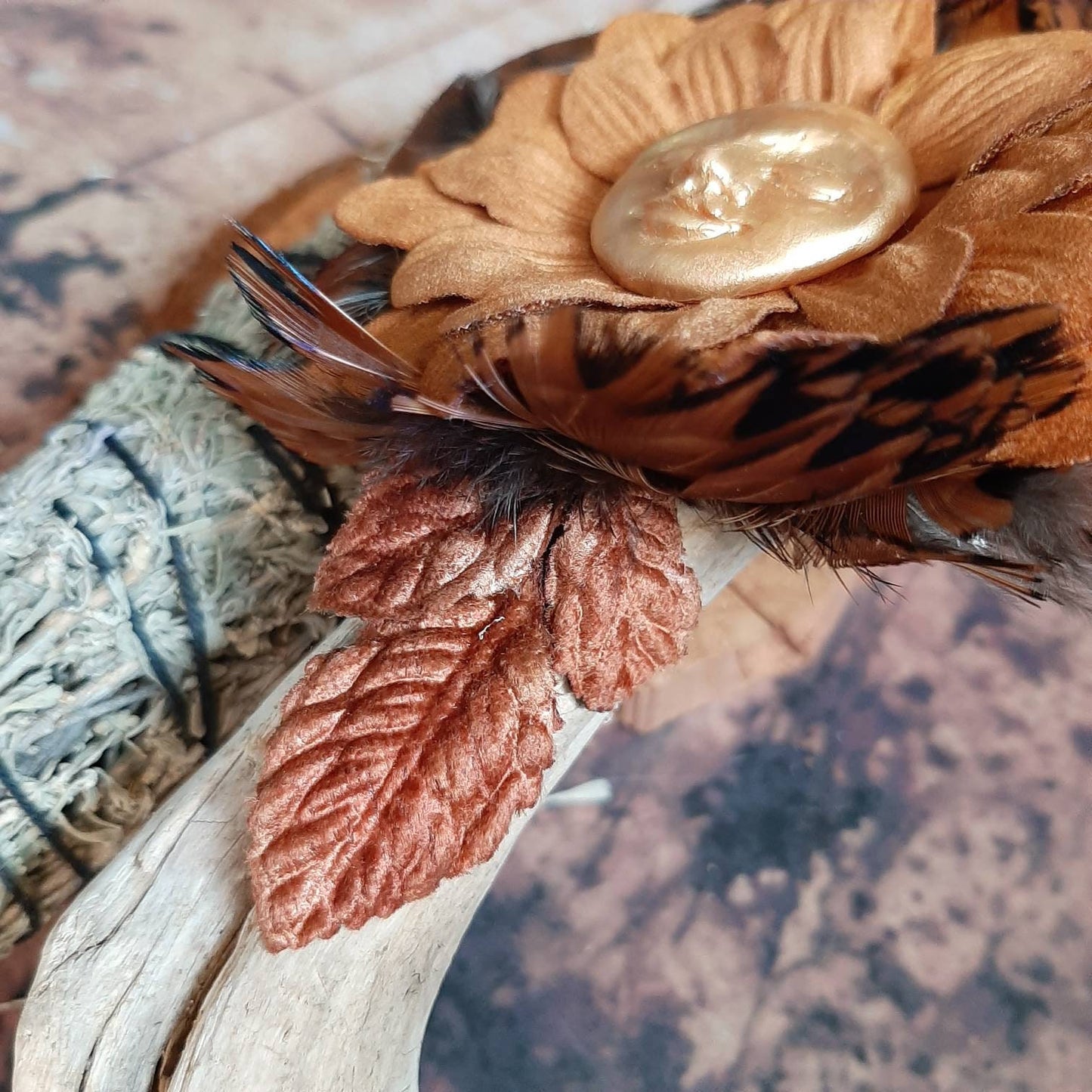 Iridescent Pheasant Feather Wing Pelt Smudge Fan Driftwood