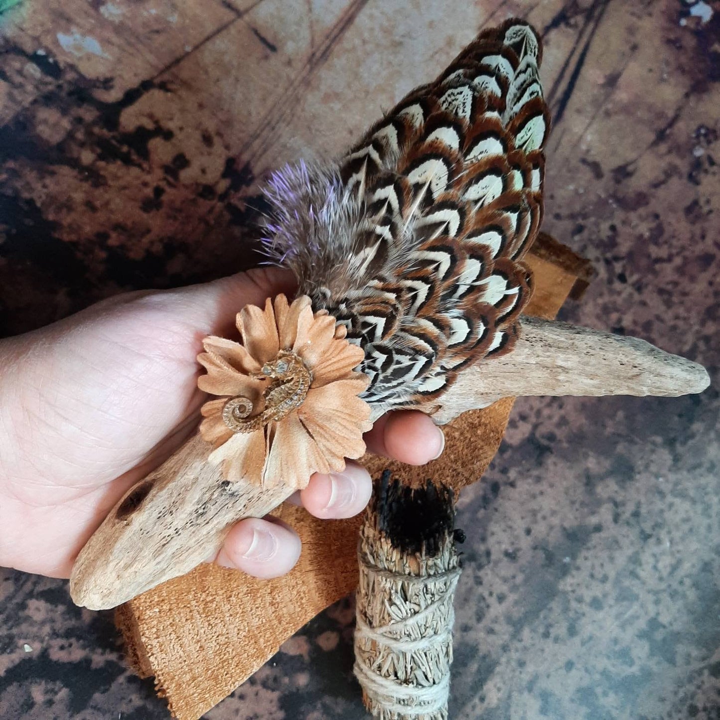 Pheasant Feather Smudge Fan Cerimonial Seahorse Driftwood