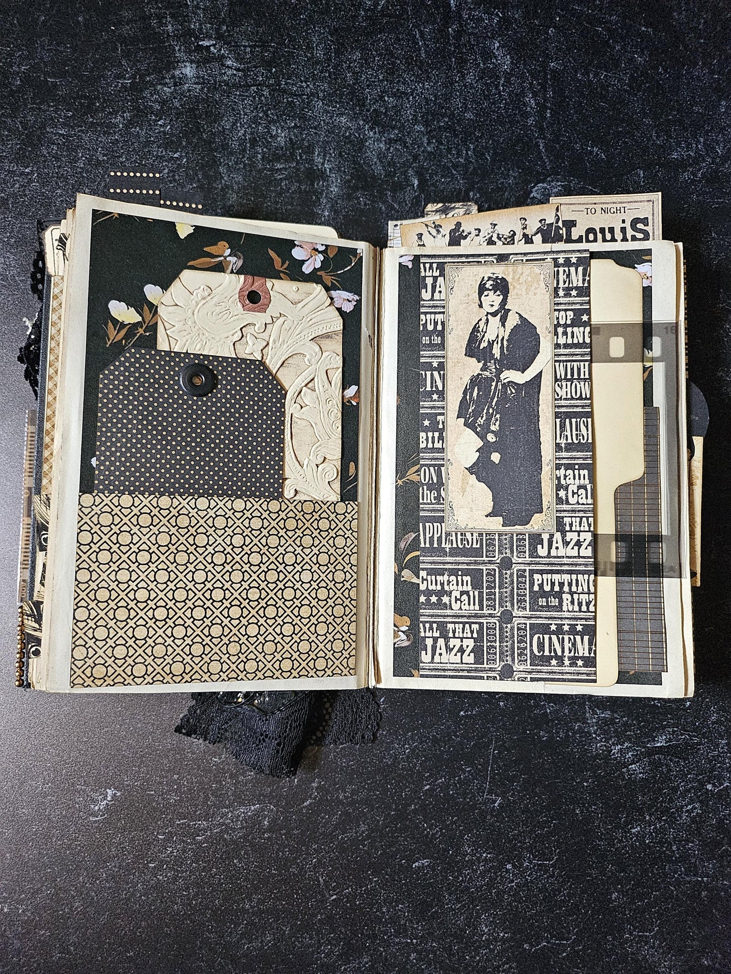 Curtain Call - Journal Grimoire junk journal upcycle river dance book 1945 tags film movies cinema jazz tassel vintage lace fabric OOAK