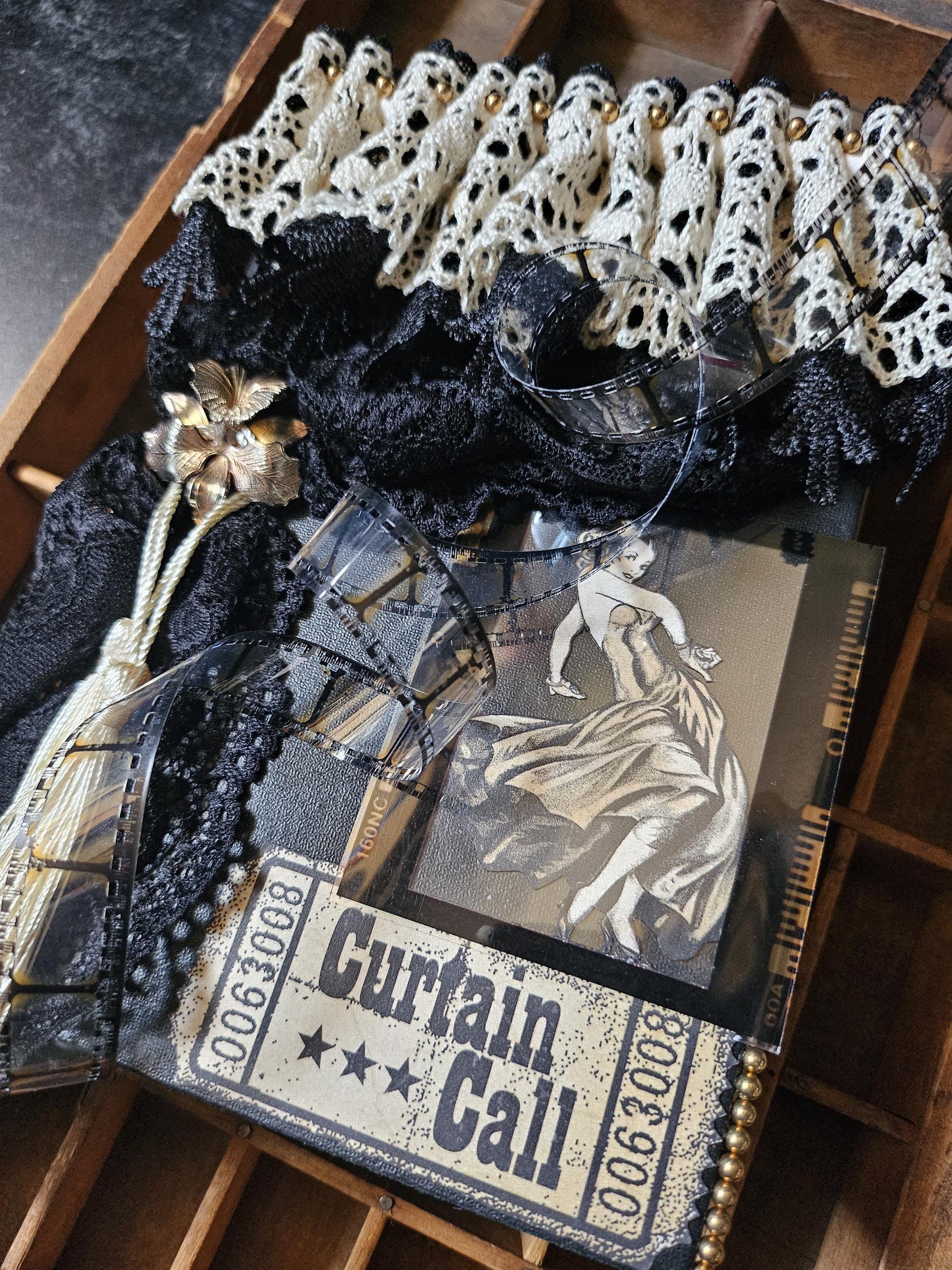 Curtain Call - Journal Grimoire junk journal upcycle river dance book 1945 tags film movies cinema jazz tassel vintage lace fabric OOAK