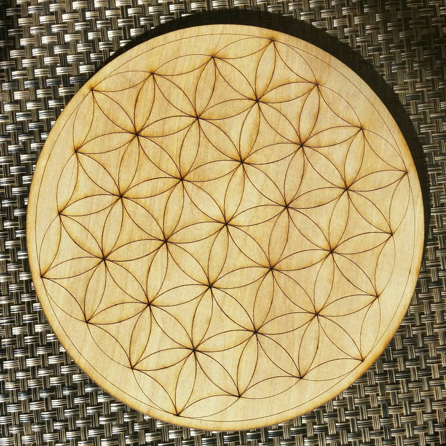 Flower of Life Grid - Laser etched wood ... Etched Crystal Meditation Sacred Geometry Fibonacci